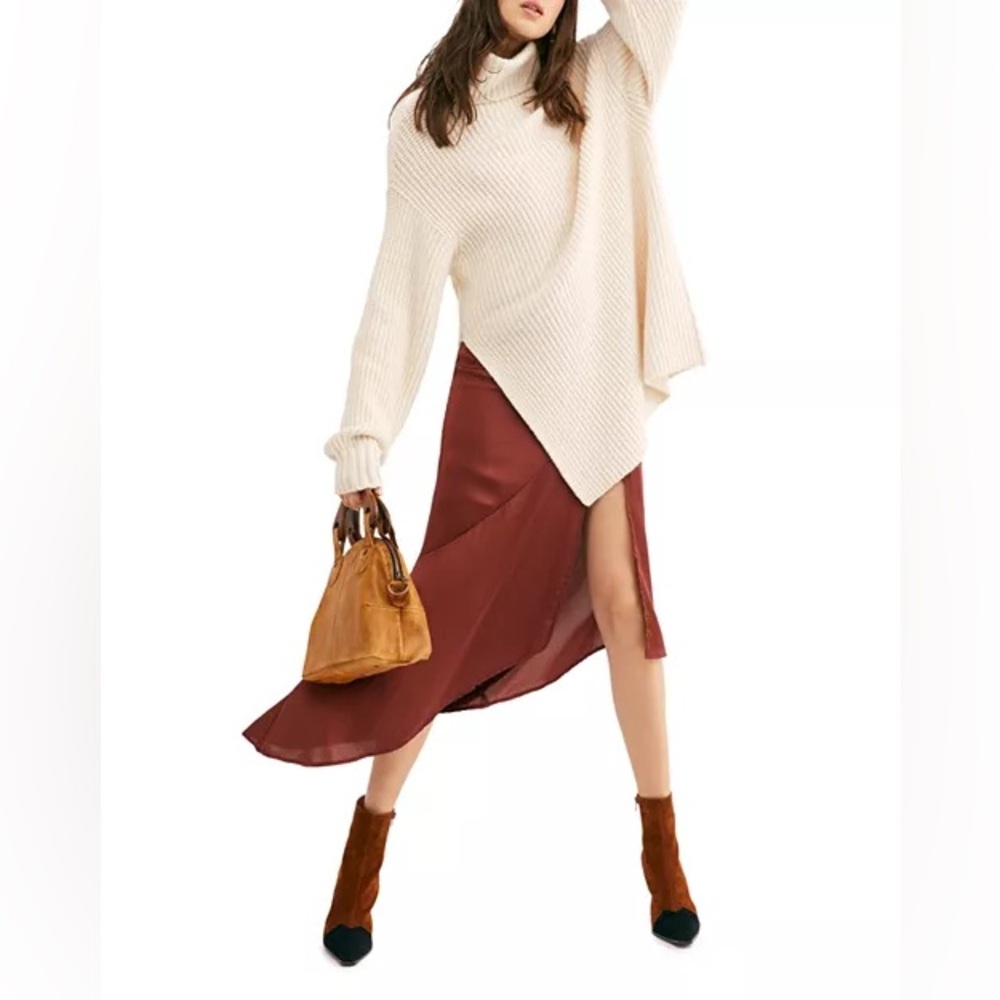 Free People Lola Asymmetric Slit Satin Midi Skirt In Brick Brown‎ Size 2 NWT